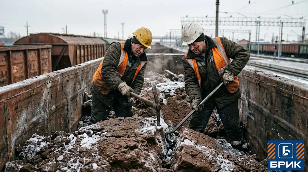 Ручная зачистка полувагона от смерзшегося бурого угля