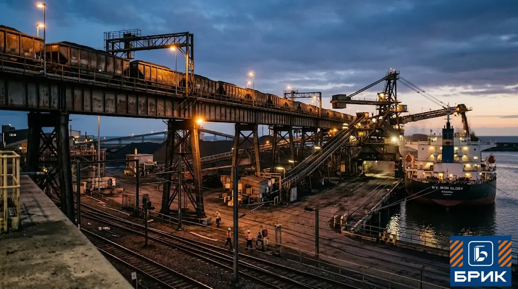 Вагоноопрокидыватель угольного терминала порта в зимний период